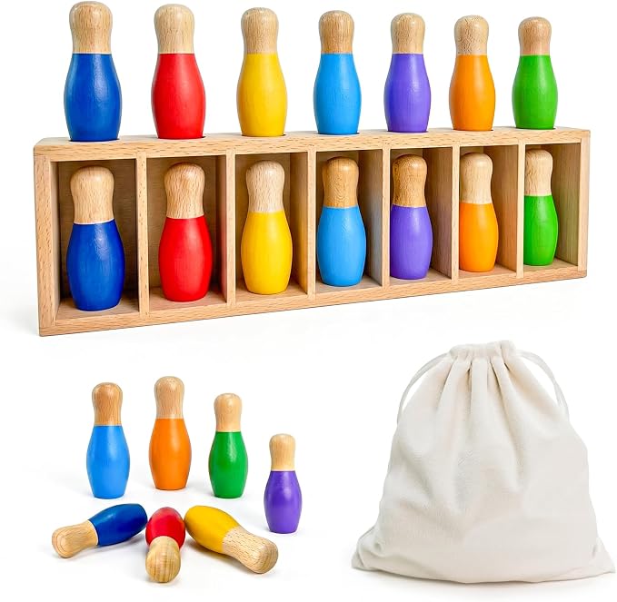 pamexin Family Games for Kids, Wooden Bowling Color Matching Game with 7 Bright Pins and Storage Bag, Family Board Games Party Birthday Gift, Fun Party Game for Boys Girls