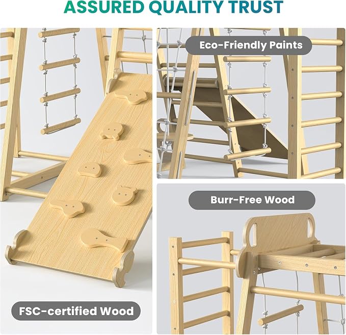 Upgraded Indoor Jungle Gym 9-in-1 Playground Kids Climbing Toys | Waldorf Style Wooden Climber Playset with Slide, Swing, Monkey Bars, Upright/Rope Ladder, Climb Net, Natural Wood Color
