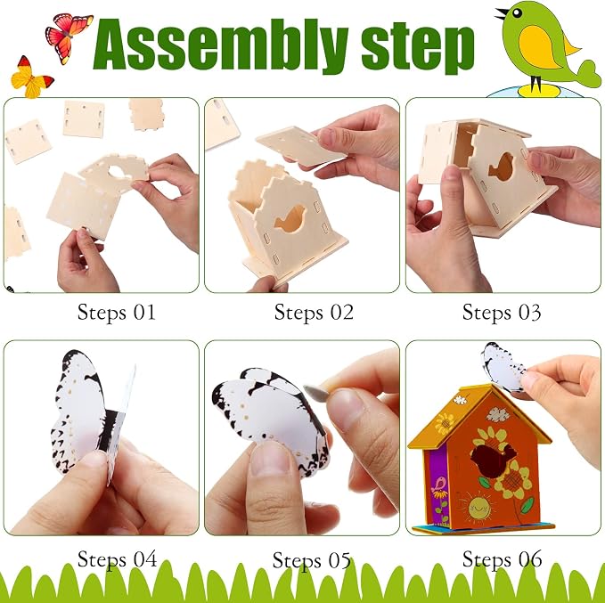 Sawysine 107 DIY Birdhouse Kits, Wooden Bird House Multiple Entrance | 48 Wooden Bird House Kits in 6 Shapes and 57 Butterfly Sticker for Children Fall Craft Activity Art DIY Project