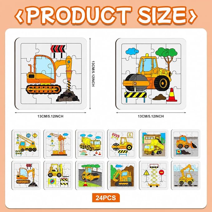Cinrobiye 24 Pcs Construction Coloring Jigsaw Craft Kit for Kids, DIY Engineering Vehicle Activity Set Bulk with 12 Designs, Excavator Birthday Party Favors, Classroom Art Projects