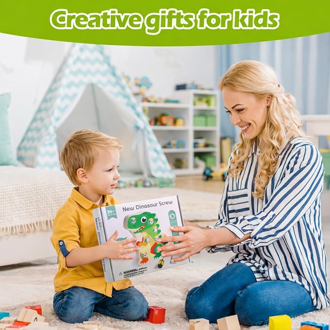 Montessori Dinosaur Screw Board, 8 Screws, Fine Motor Toy for Kids Ages 3+ | Matching 4 tools to different screw-head styles for repeat remove-and-replace play
