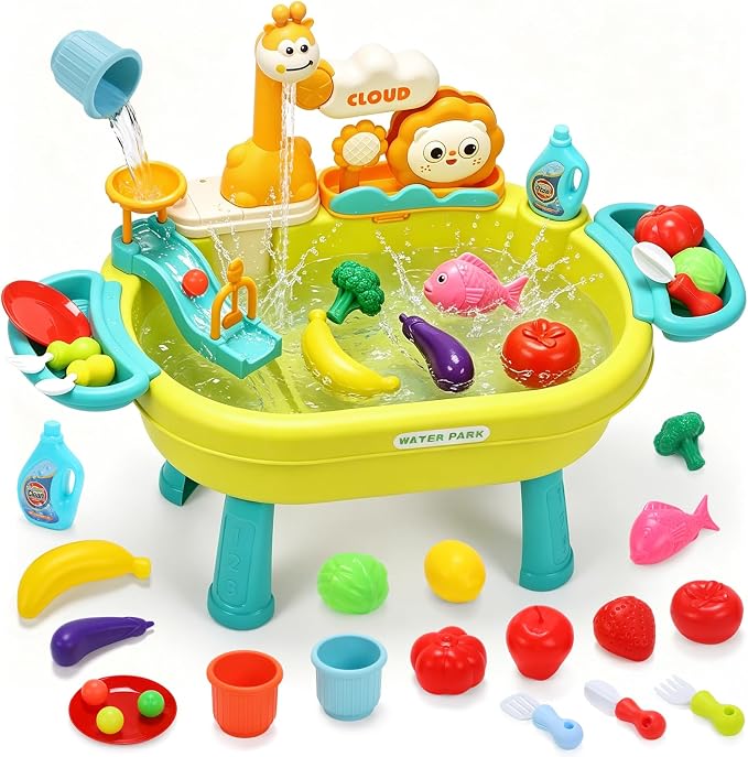 CUTE STONE Play Sink with Running Water, Kitchen Sink Toy with Upgraded Electric Pump, Play Food & Tableware Accessories, Summer Outdoor Sensory Water Table Toy for Toddlers & Kids