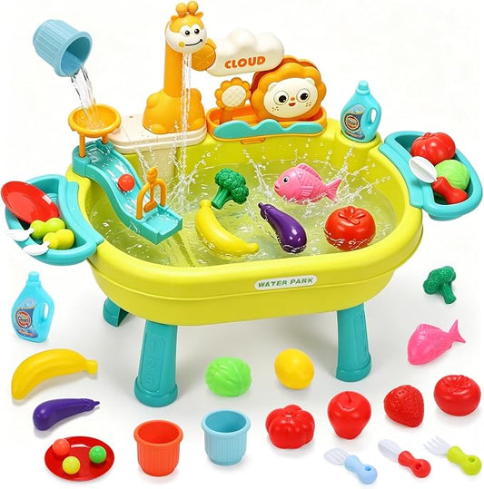 CUTE STONE Play Sink with Running Water, Kitchen Sink Toy with Upgraded Electric Pump, Play Food & Tableware Accessories, Summer Outdoor Sensory Water Table Toy for Toddlers & Kids