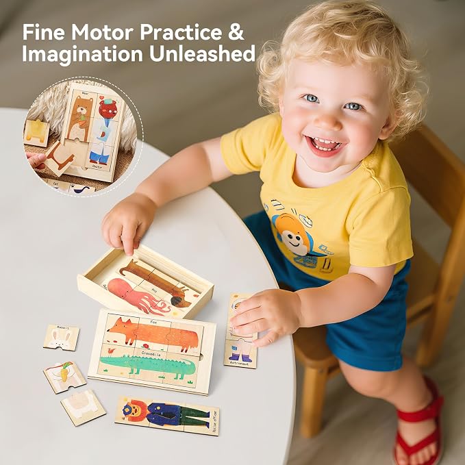 Wooden Animal & Career Matching Puzzles for Ages 3+, Chunky Pieces with Storage Box, Montessori Preschool Learning Toy for Fine Motor & Vocabulary, Birthday