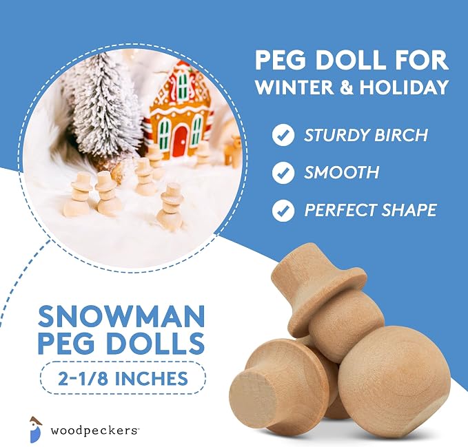 Snowman Peg Dolls 2-1/8 inch, Pack of 25 Wooden Peg Dolls for Christmas Crafting, Nativity Scenes, Holiday Decorations, by Woodpeckers