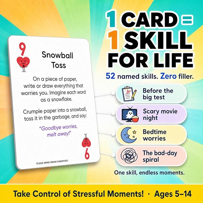 Mind Brain Emotion 52 Essential Coping Skills for Kids + Free Online Learning Library: CBT Calm Down Cards for Anxiety, Anger & Big Feelings - Emotional Regulation SEL Therapy Game, Ages 5-14