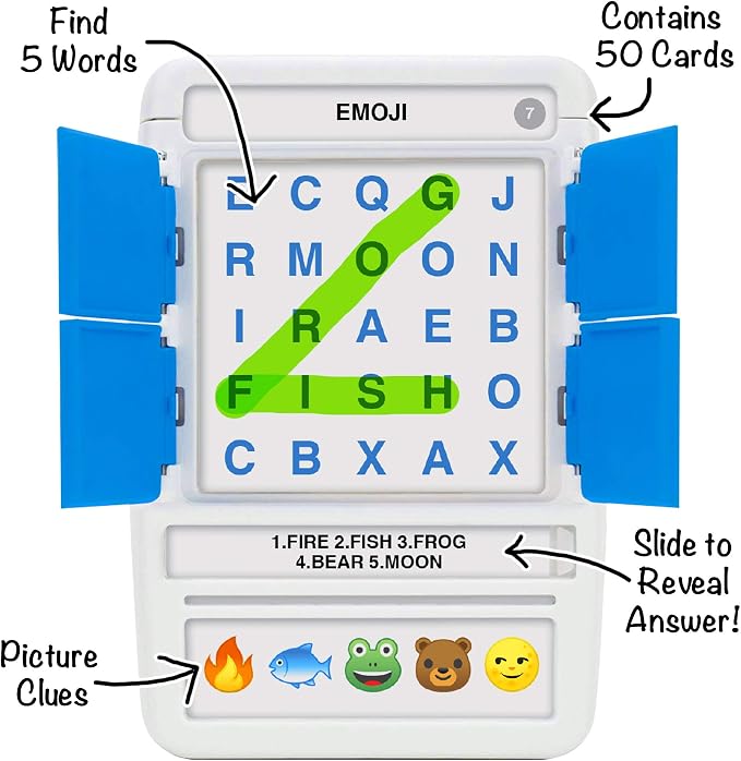 Word Search Travel Game - 100 Puzzles with Picture Clues | 50 Wipe Clean Cards with Slide Reveal case and Pen | Activity, Gift, Stocking Stuffer | for Kids and Adults, Age 6+