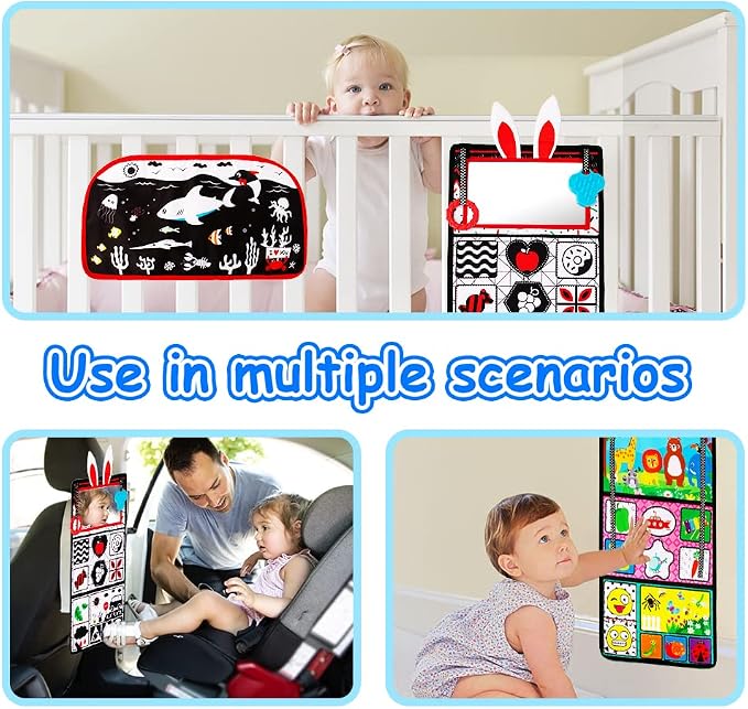 Tummy Time Baby Mirror Toys, Tummy Time Mat, Black and White High Contrast | Tabletop Mount Baby Newborn Toys 0 3 6 Months Brain Development, Sensory Texture Piano Infant Toys 0 3 6 Months with Squeaker