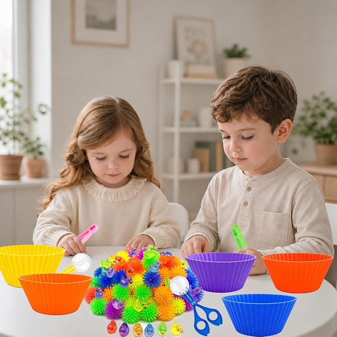 128PCS Sensory Bin Filler Kit with Tools, Fine Motor Skills Training Set for Counting Sorting Matching, Includes 72 Hedgehog Balls, 36 Mini Resin Duck,5 Tweezers, 3 Scissor Clips, 12 Sorting Cups
