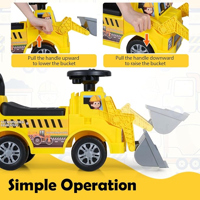 HONEY JOY Ride On Tractor with Trailer, Kids Excavator Bulldozer with Shovel, Seat Storage, Engine Sound, Music, Manual Control Bucket, Ride On Construction Vehicle for Toddlers Boys Girls, Yellow