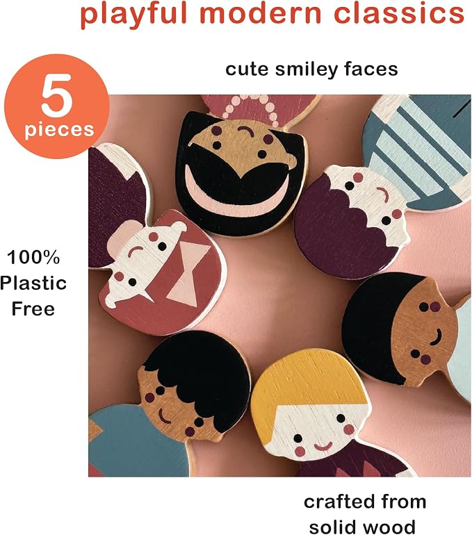 Mentari Toys - Doll Family with Dog - 5pc Solid Wood Doll Set with Playful Pup - Perfectly Sized for Pockets and Little Hands - Encourages Imaginative Play and Social Skills - Age 12m+