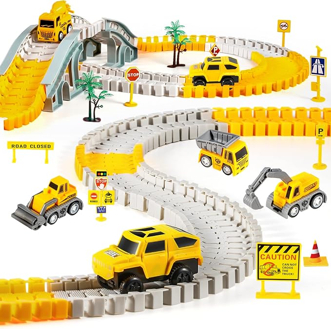 260PCS Construction Race Car Track Set for Kids Toys | 2 Electric Cars, 4 Construction Cars, 1 Map & Flexible DIY Track Set, Engineering Toys for 3 4 5 6 Year Old Boys Girls