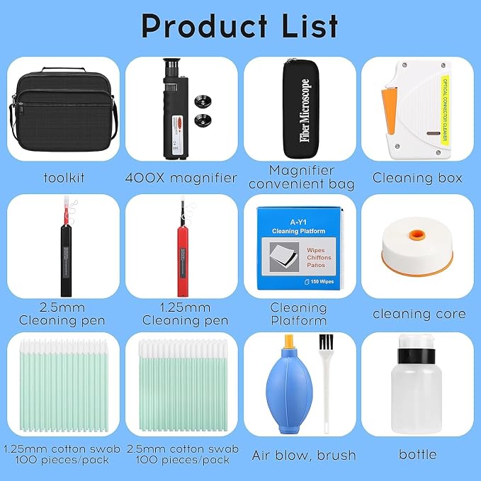 13 in 1 Fiber Optic Cleaning Tool kit with 400x Optical Fiber Microscope SC/LC Cleaning Pen 2.5mm 1.25mm Interface Cleaning Box with Replace core Fiber Optic Cleaner kit FTTH Clean Tool Kit