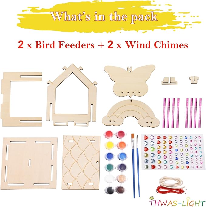 Kids Arts and Crafts for Outdoor,2 Pack Bird Feeder Wind Chime Kits for Children to Build and Paint, DIY Unfinished Wood STEM Painting Activities Crafts Toys for Boys Girls Ages 3-5 4-8 8-12 6-8