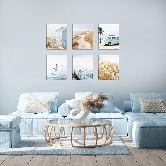 HOURIA 6Pcs Coastal Beach Canvas Wall Art(12”x16”), Summer Blue Ocean Sand Seascape Wall Decor,Vintage Cabin Camper Van Boardwalk Seagulls Art Print for Farmhouse Living Room Bedroom Office