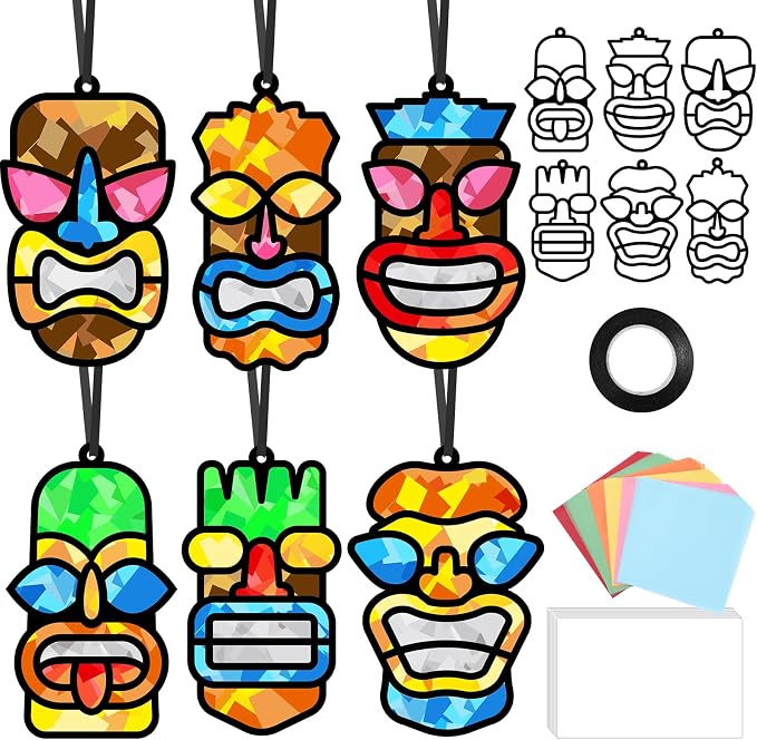 Qyeahkj 36 Set Tiki Theme Suncatchers Craft Tropical Hawaii Suncatchers Craft Kit Summer Luau Window Tissue Paper kit Window Hanging Decoration for Home Art Project Party Favor Gift