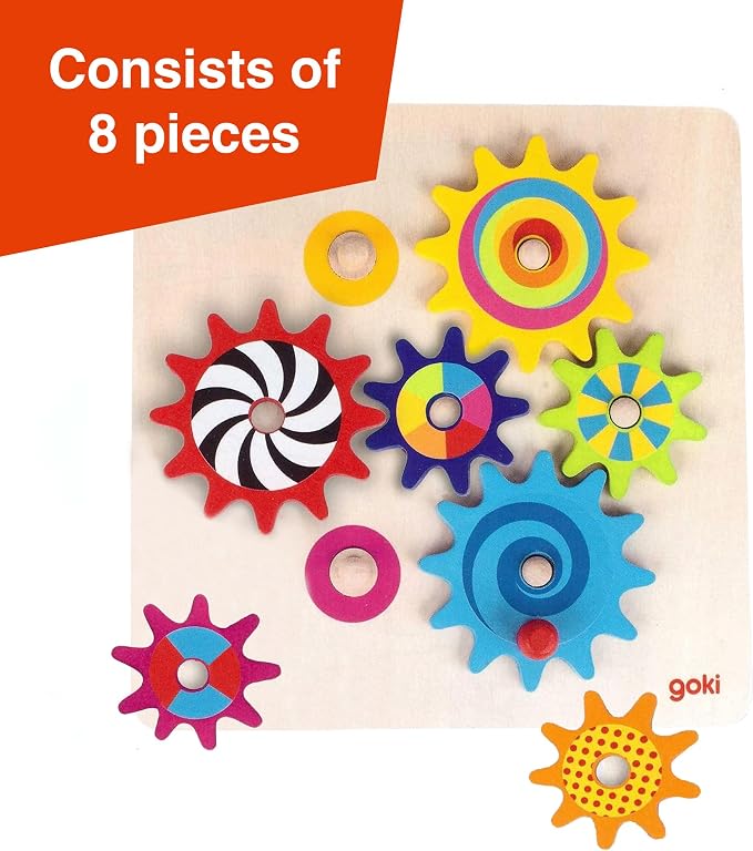 Goki Wooden Spinning Gears 8-Piece Montessori Educational Toys for 3 Year Old STEM Cause & Effect Building Set for Fine Motor Skills & Logical Thinking I Sensory Toys for Toddlers I Gifts for 3+