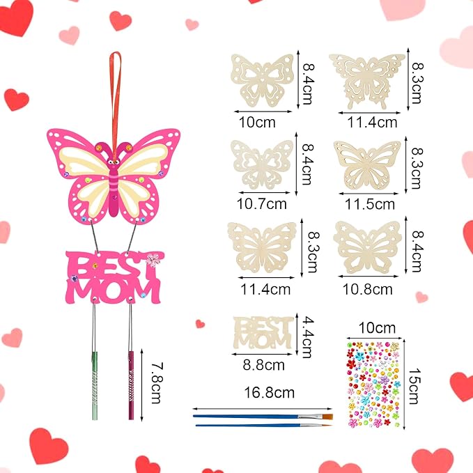 Fennoral 12 Pack Butterfly MOM Wind Chime Kit for Kids Make You Own Mother's Day Craft Kit DIY Coloring Wooden Art and Craft for Mom's Birthday Decoration from Son Daughter