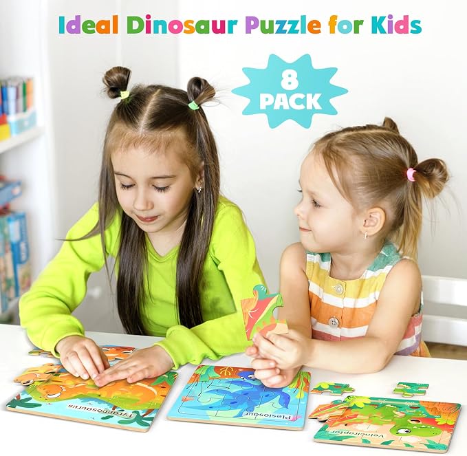 Zeoddler Wooden Puzzles for Toddlers, 8 Pack Dinosaur Jigsaw Puzzles for Kids3-5, 9 Pieces Preschool Learning Activities, Learning & Educational Puzzles, Gift for Boys, Girls