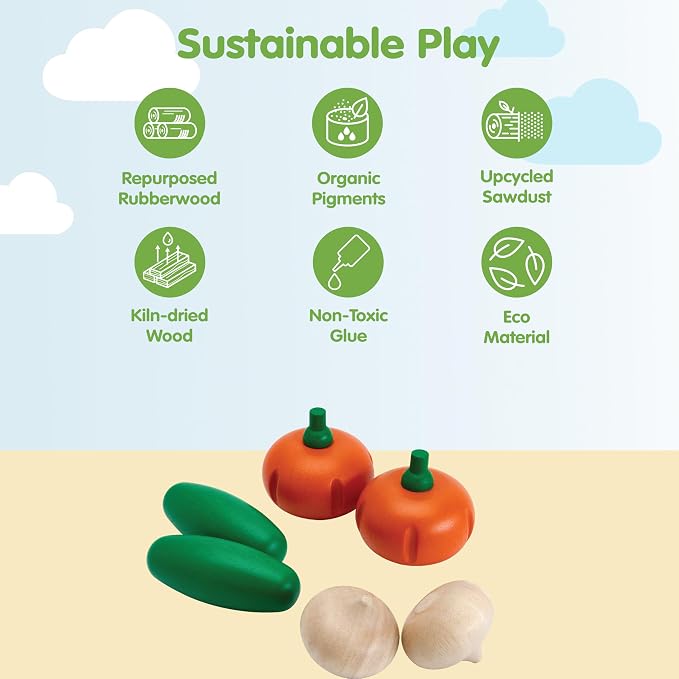 PlanToys® Wooden Fresh Produce Cucumbers, Onions & Pumpkins Sliceable Kids | slicing, knife, fruits and vegetables toys, pretend food, girls, boys, fine motor role play, imaginative social gift set