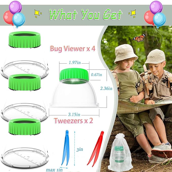 4Pack Green Bug Viewer with 5X Magnifier | Bug Jars for Kids Collecting | Built-in 7cm Ruler with 2 Slant Tweezers,Bug Catcher Kit for Kids Science Nature Exploration,Hands Fine Motor Tool Set
