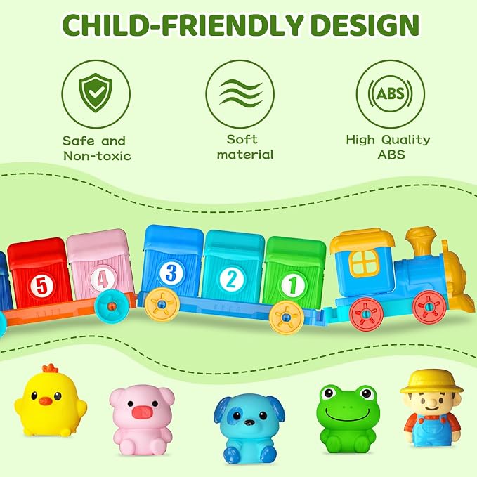 Toddler Learning Toys for 1 2 3 Year Old, Counting Matching & Sorting Montessori Train Set with 9 Farm Animals Finger Puppets, Birthday Gift for Baby Boys Girls