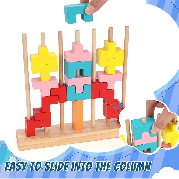 Wooden Stacking Puzzle Toy, 3D Colorful Wood Russian Blocks Puzzle Games Brain Teasers Montessori Toys for Toddler Kids 3 4 5 6 7 Years Old Boys Girls (Colorful B)