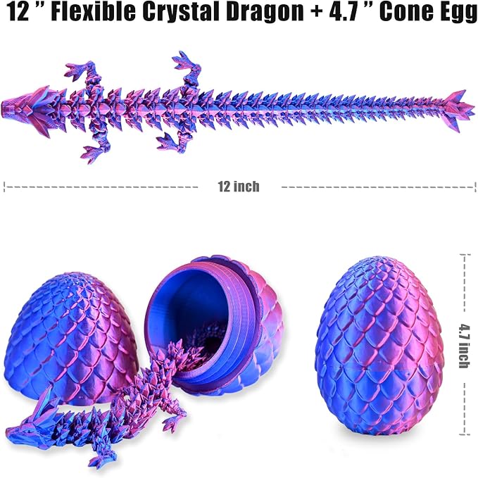 12" 3D Printed Dragon Eggs with Dragon, Articulated 3D Fidget Toys for Kids | Crystal 3D Dragon Toys for Boys Girls, Small 3d Printed Animals, Dino Dinosaur Eggs Toys, Easter Basket Stuffers（Red Blue）