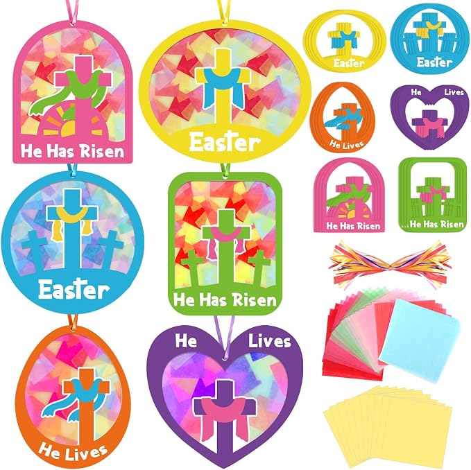 Qyeahkj 36 Set Easter Suncatchers Crafts for DIY Resurrection Church Window Tissue Paper Crafts Kit He is Risen Hanging Decor for Religious Cross Home Activity Art Project Favor Gift