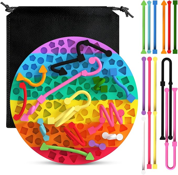 Sensory Activity Board, Silicone Fidget Toys for Calming and Stress | Autism Quiet for Adults, Toddler Sensory Toys for ADHD, Road Trip Essentials for Kids, Portable Travel Bag & 12 Strings