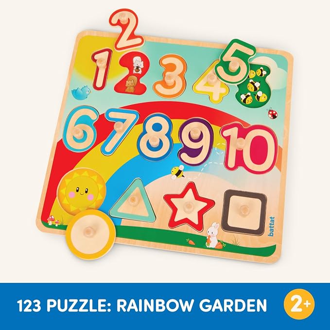 Battat Wooden Number and Shapes Puzzle, Puzzle n Learn Garden, Wood Toys | 15-piece wooden puzzle with 1 board, 10 number pieces, and 4 shape pieces for early math and matching play, 2+ Years