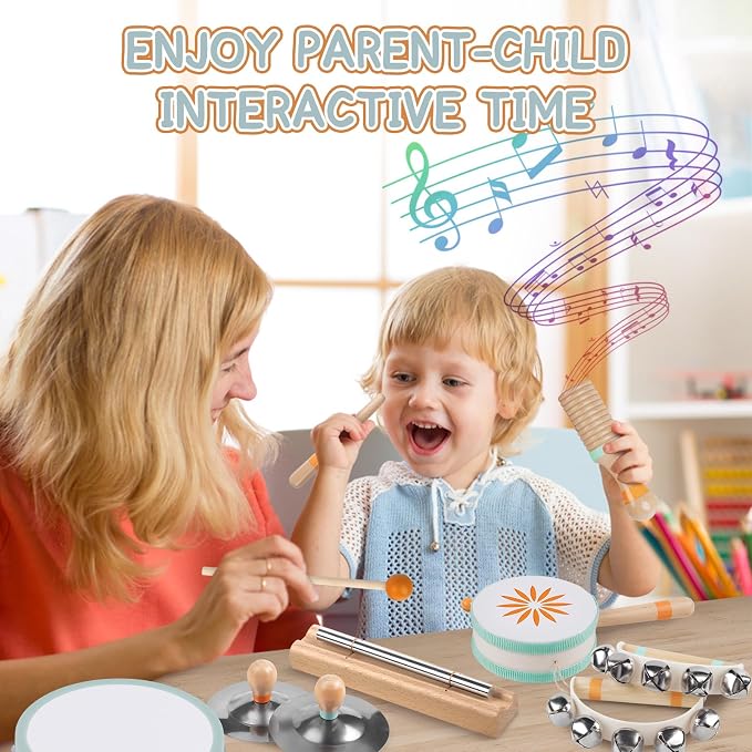 Baby Musical Instruments - Montessori Wooden Musical Toys for Toddlers Kids | Tambourine Percussion Instruments Set, Preschool Music Learning Sensory Toys, Educational Birthday Gifts for Boys Girls