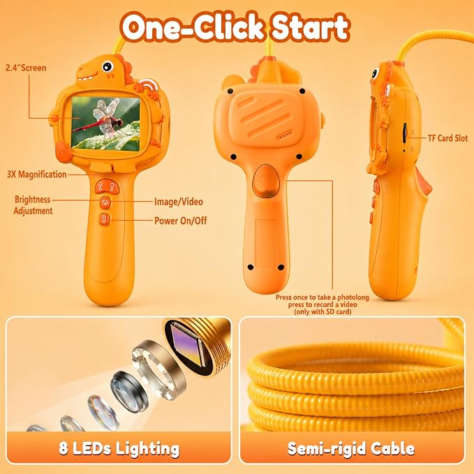 Kids Borescope Camera with Light-STEM Science Educational Toy for 3 4 5 6 7 8 Years Old Boys & Girls Birthday Gift-Discovery & Exploration Flexible Snake Scope Battery (Orange Dinosaur)