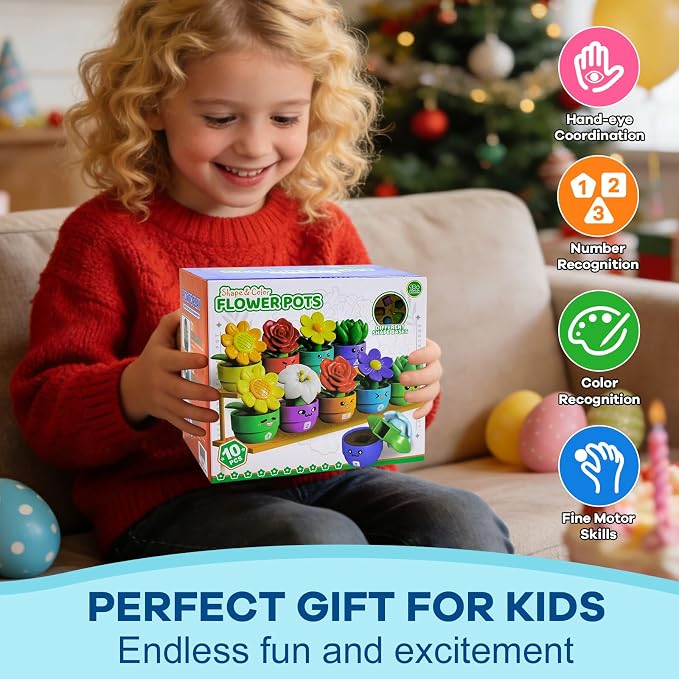 GEERAY Montessori Flower Garden Building Toy, 10 Sets Toddler Shape & Color Matching Game, Fine Motor Skills Preschool Sensory Toys, Educational Gardening Gift for 1-3 Year Old Boys Girls