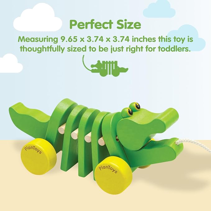 PlanToys® Dancing Alligator Pull Toy for Toddlers | Eco-Friendly Wood Toy with Click-Clack Sound | Walking Toy for Babies | sound motion, toddler pull toys, animal design, girls, boys, gross motor cause & effect early learning gift for kids idea