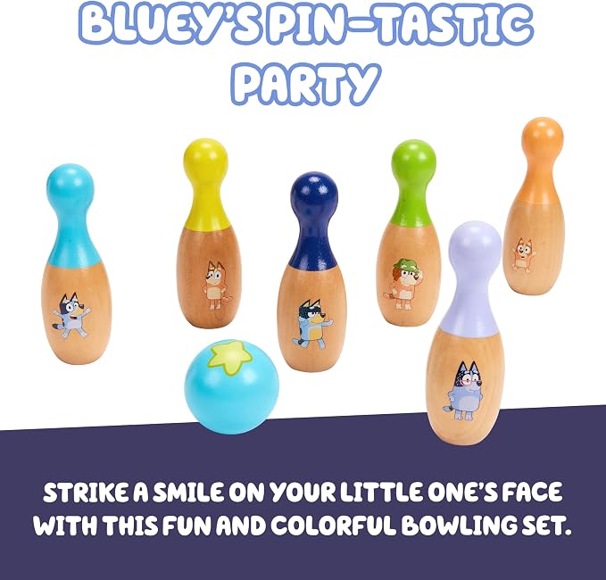 Bluey Wooden Bowling Set, 6 Character Pins, Indoor & Outdoor | Durable wood skittle game builds coordination & teamwork; Bluey toy for kids ages 3+, indoor-outdoor fun