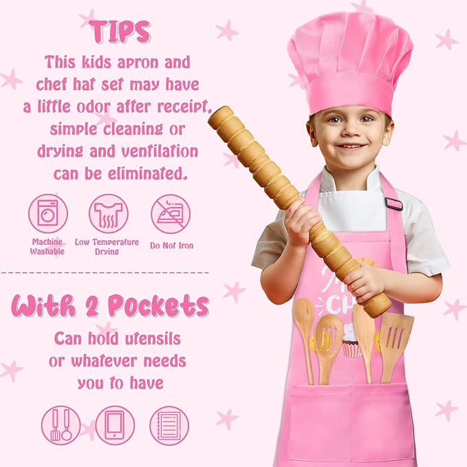 R HORSE 2 Pieces Kid Apron and Chef Hat Set, Children Role Play Chef Toy | Light Pink Adjustable Kitchen Apron for Girls, Ideal for Cooking, Baking, Painting, Training, Cooking Birthday Gift