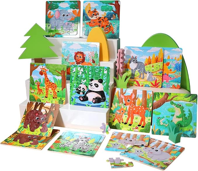 GRINNNIE Jigsaw Puzzle for Toddlers 3 4 5 Years Old, Montessori 12 PCS Wooedn Forest Animal Puzzles, Portable Size Puzzle Preschool Learning Toys for Travel or Car, Birthday Gift for Boys and Girls