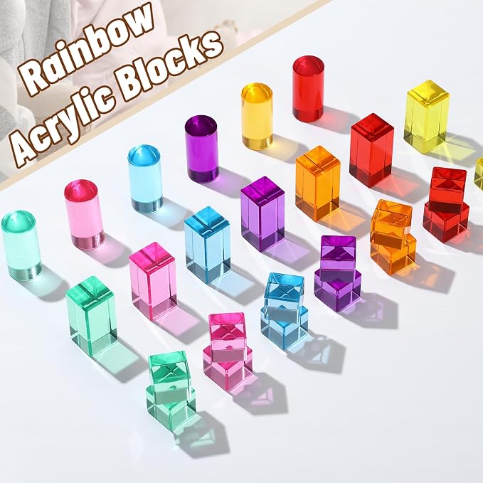 27 Pcs Acrylic Wooden Gem Blocks Sparkling Translucent Cubes Stacking Toys Wooden Cubes Blocks with Colorful Acrylic Open Ended Play Montessori Educational Toys (Square)