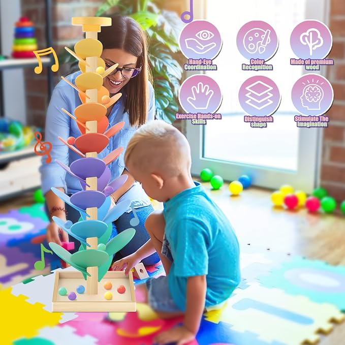 Wooden Marble Run Music Tree Montessori Toys Marble Ball Run for Kids 3-5 | Wood Ball Drop Toys for 4-8 8-12 Color Sorting Learning Game Boys and Girls Birthday Holiday Gift