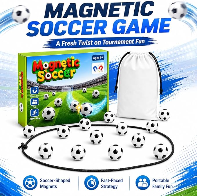 Soccer Magnetic Game with String, 20 Football-Shaped Stones, Strategy Puzzle Board Game for Kids and Adults, 2 Player Tabletop Game for Family Game Night, Travel, Camping, Parties