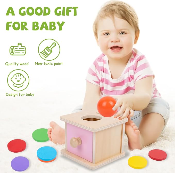 Adena Montessori Pink Wooden Coin Box 2 in 1 Object Permanence Toy 6+ Mo | Includes 6 colorful wood discs and a ball, works as color shape sorter and baby toy storage, smooth burr-free linden wood