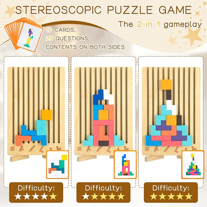 Wooden Stacking Puzzle Toy,3D Colored Wooden Puzzle Russian | Montessori Brain Blocks Puzzles Toys for Boys and Girls,Board Jigsaw Game Toys for Brain Teasers for Toddlers 3-8Years