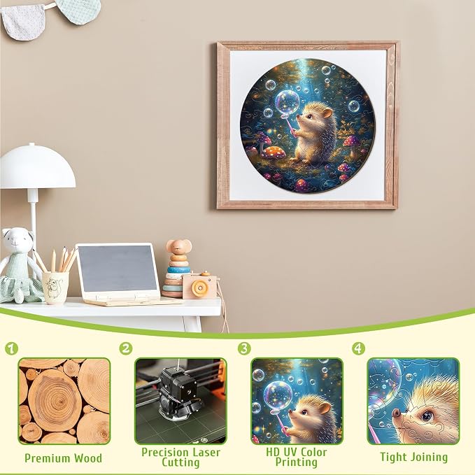 Animal Wooden Puzzles for Kids - Bubble Hedgehog | 50 Piece Puzzles for Kids Ages 4-6 - Kids Puzzle with Unique Animal Shapes -Round Puzzles for Boys and Girls (11.4 * 11.4 in)