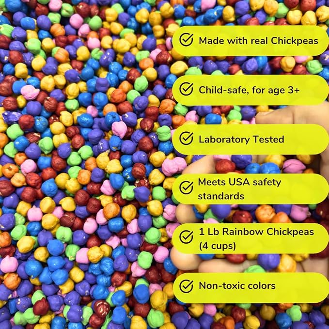 1 Lb of Rainbow Chickpeas Sensory Bin Filler for Kids Play | Non-Toxic | Sensory Play | Colored Chickpeas | Montessori Learning Toy | Fine Motor & Color Sorting Activity | Table Filler | Age 3+