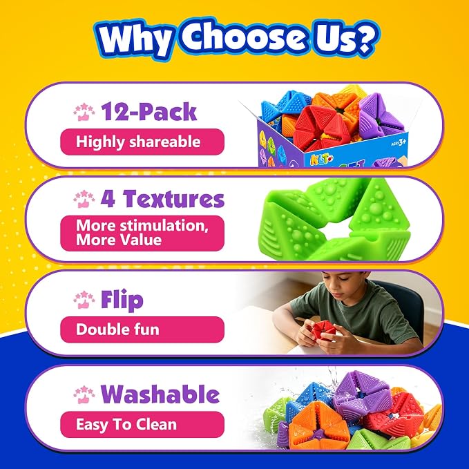 KLT Fidget Toys Bulk for Kids: 12 Pack Quiet Sensory Flip Toys with 4 Textures - Small Silicone Fidgets for Classroom Prize Box - Autism ADHD Calm Down Toys