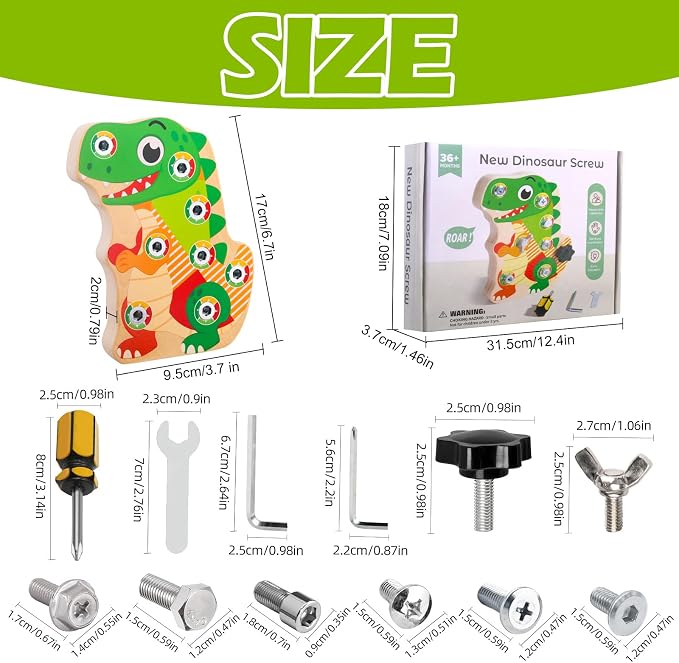 Montessori Dinosaur Screw Board, 8 Screws, Fine Motor Toy for Kids Ages 3+ | Matching 4 tools to different screw-head styles for repeat remove-and-replace play