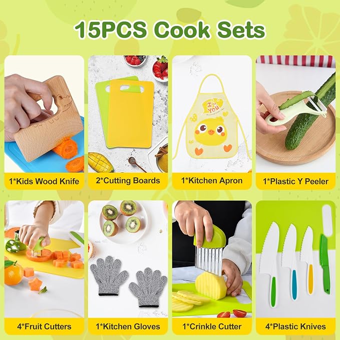 15PCS Montessori Kitchen Toys for Toddlers: Stocking Stuffers for Kids | Kids Safe Cooking Sets Real Knife Set for Real Cooking - Easter Basket Stuffers Christmas Birthday Gifts for Boy Girl