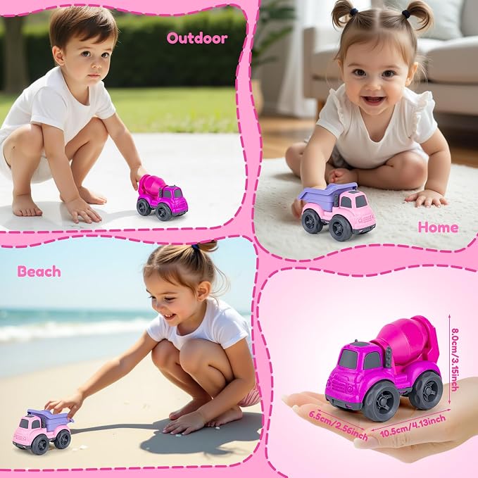 Aigitoy Toddler Car Toys Set - Mixer and Dump Truck for 2-4 Years Old | Sandbox Outdoor Vehicles Toy, No BPA, Phthalates, PVC, Recycled Plastic, Easter Christmas Birthday Gifts Boys Girls (Pink)