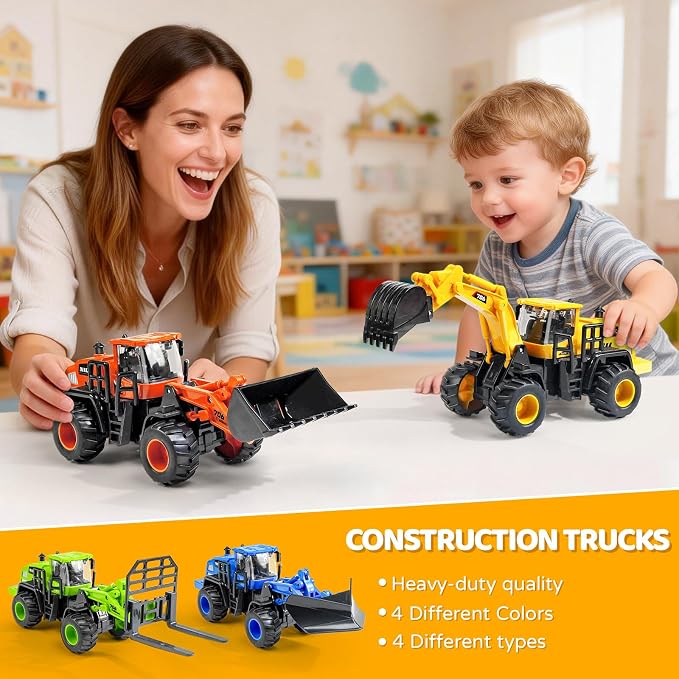 Beestech Construction Truck Toys for 3 4 5 6 7 8 Years Old Boys, Truck Vehicles Sand Sandbox Beach Toys, Excavator Forklift Bulldozer Friction Powered